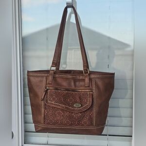 Boc Women Tote Brown Leather Bag Embossed 11x15 Inches